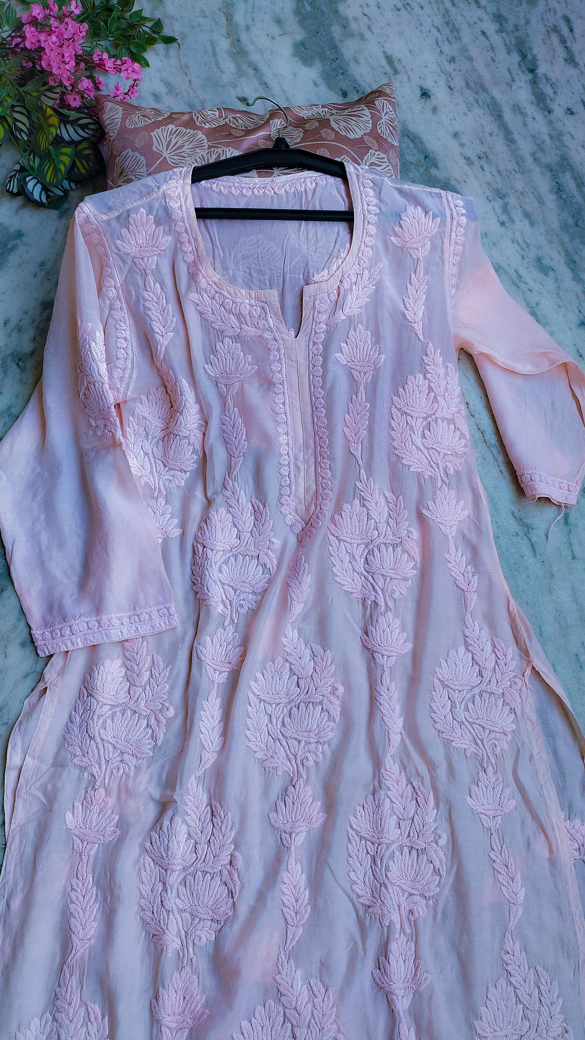 Baby pink silk long kurta with intricate Lucknow chikankari embroidery by LVW Fashions, featuring delicate floral lotus designs.