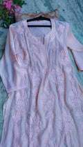 Baby pink silk long kurta with intricate Lucknow chikankari embroidery by LVW Fashions, handmade premium chikankari kurta for women.