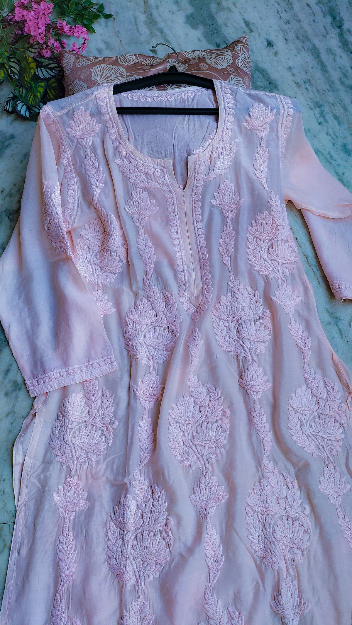 Baby pink silk long kurta with intricate Lucknow chikankari embroidery by LVW Fashions, handmade premium chikankari kurta for women.