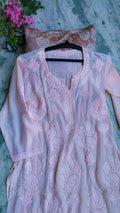 Baby pink silk long kurta with intricate Lucknow chikankari embroidery by LVW Fashions, handcrafted premium silk chikankari kurta.