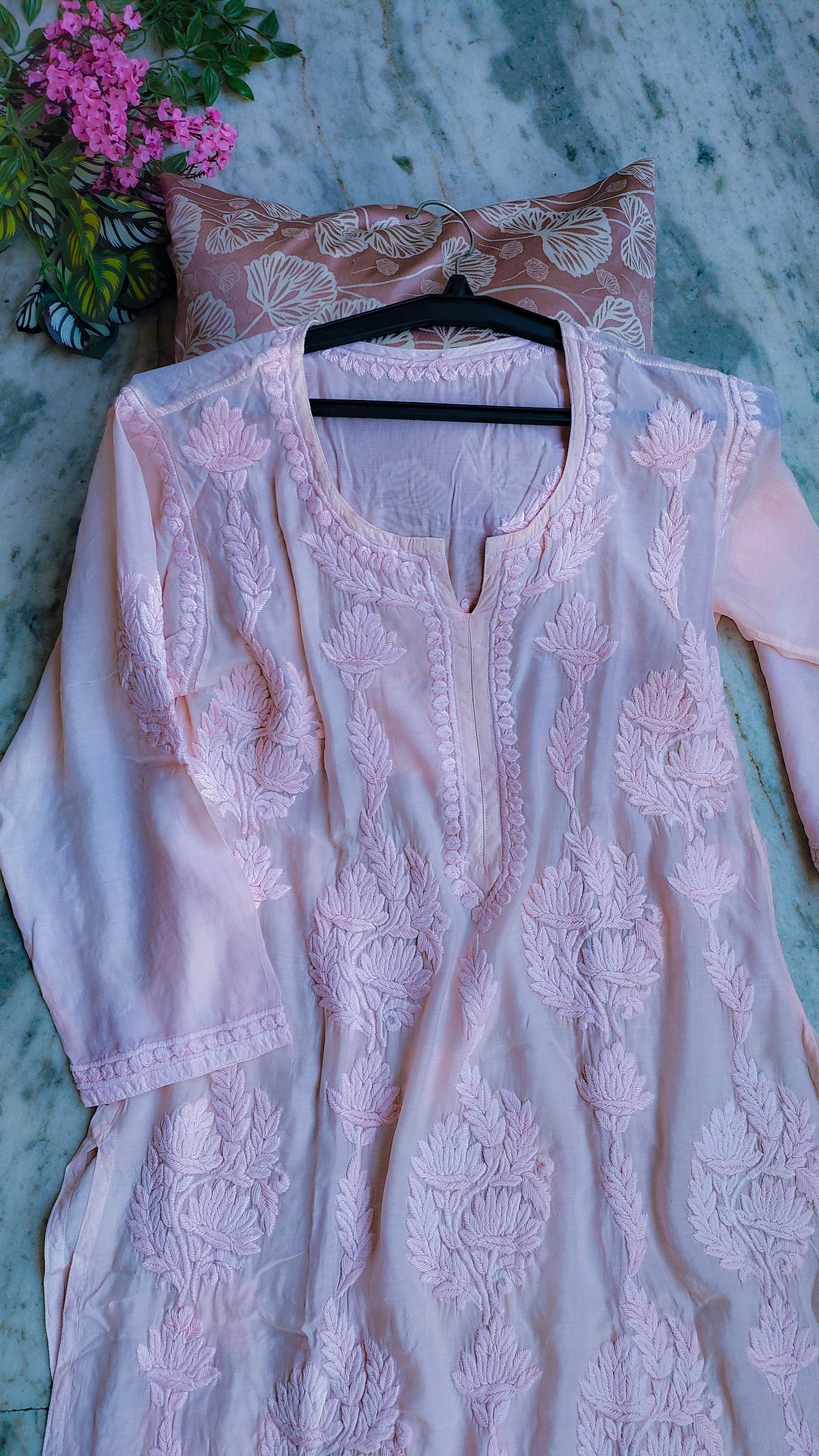 Baby pink silk long kurta with intricate Lucknow chikankari embroidery by LVW Fashions, handcrafted premium silk chikankari kurta.