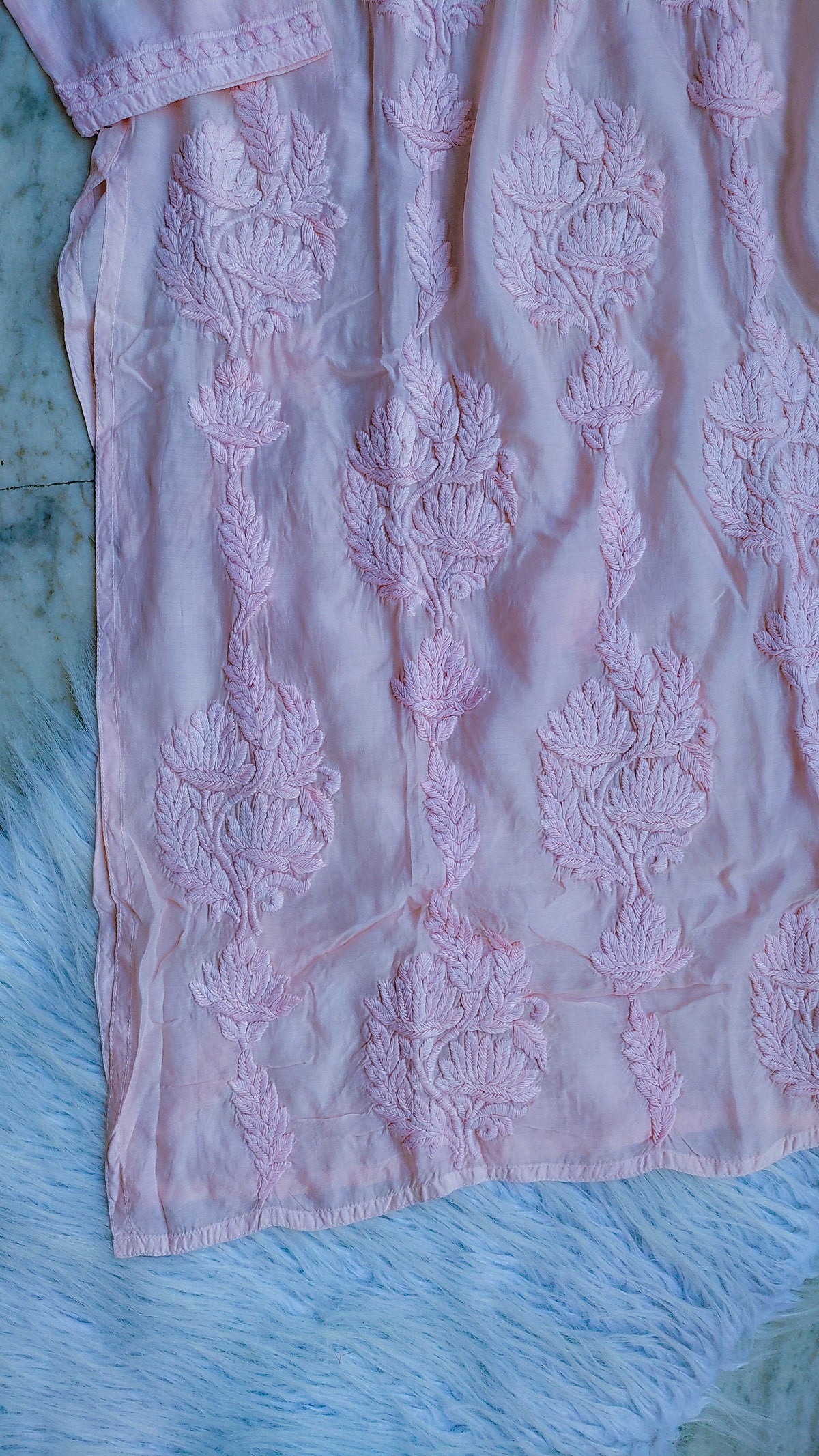Baby pink silk long kurta with intricate Lucknow Chikankari embroidery, handcrafted by LVW Fashions.