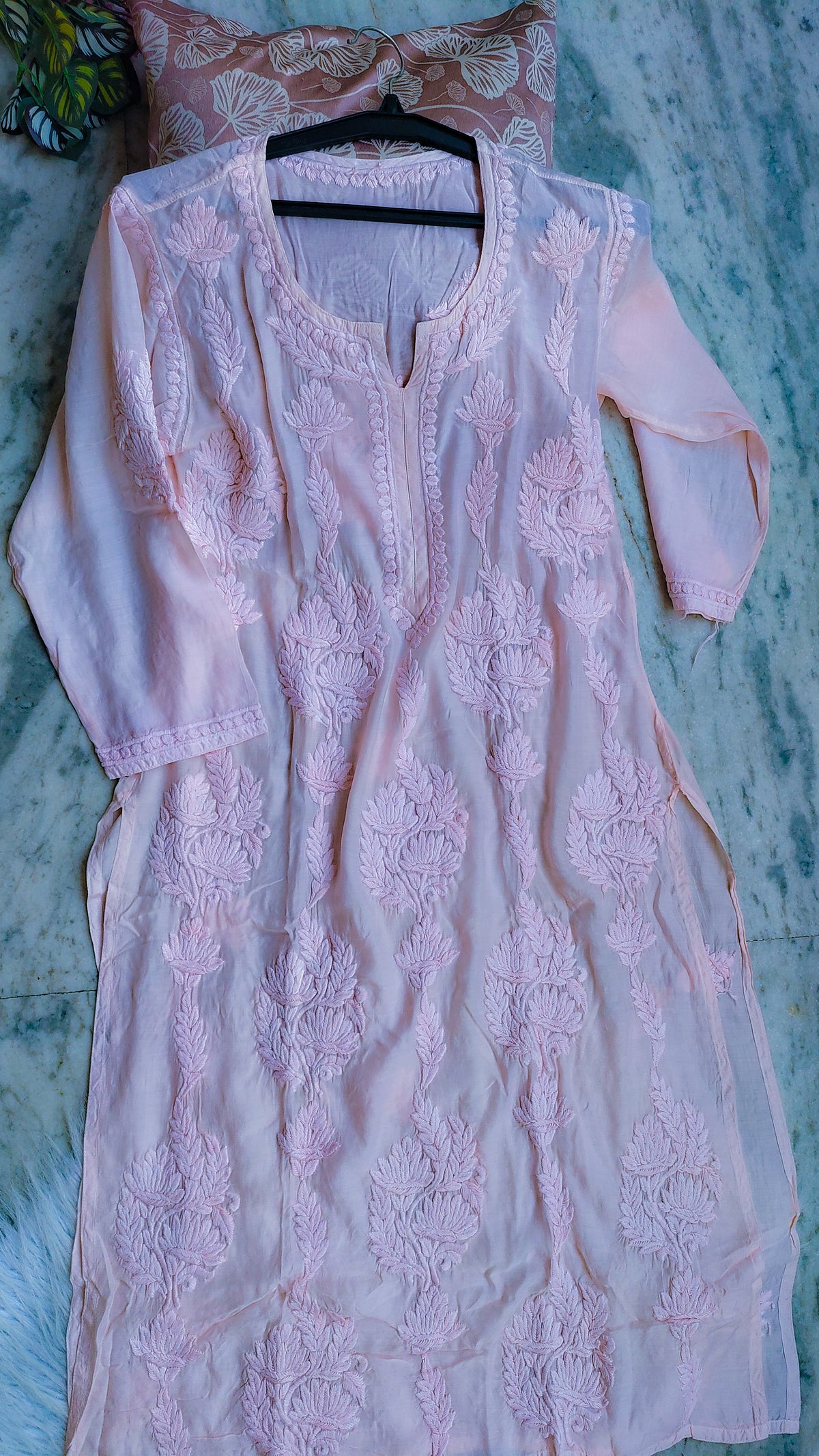 Baby pink silk long kurta with intricate white Lucknow chikankari embroidery by LVW Fashions, featuring lotus motifs and handmade craftsmanship.