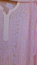 Baby pink Noori full Jaal pearl Cutdana Chikankari embroidery long kurta by LVW Fashions, handcrafted luxurious Lucknow Chikankari.