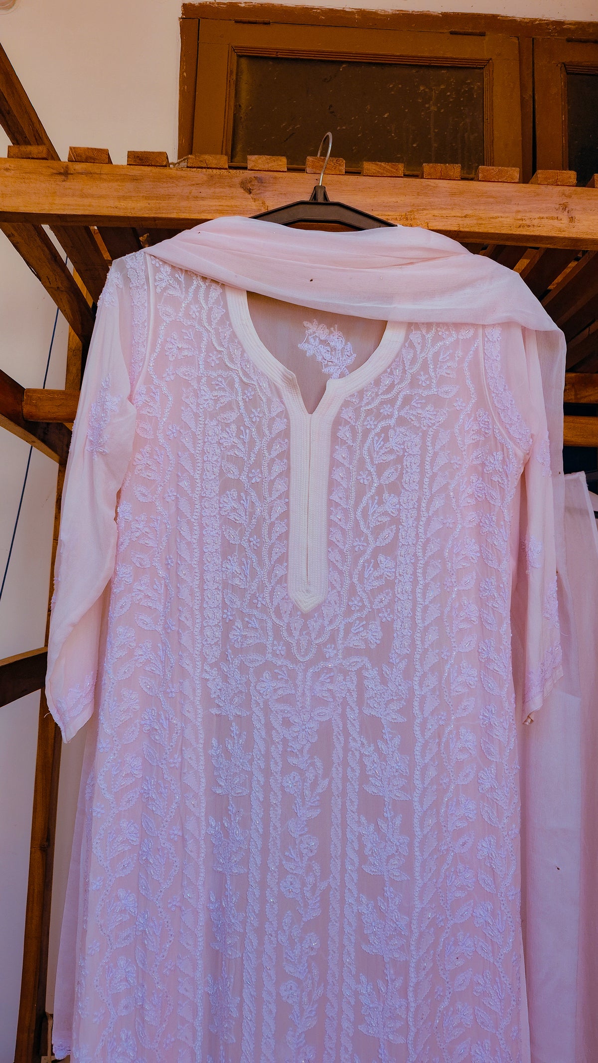 Baby pink Noori full Jaal pearl cutdana chikankari embroidery long kurta by LVW Fashions, handcrafted with intricate Lucknow Chikankari.