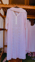 Baby pink Noori full Jaal pearl Cutdana Chikankari embroidered long kurta by LVW Fashions, handcrafted in Lucknow with luxurious details.