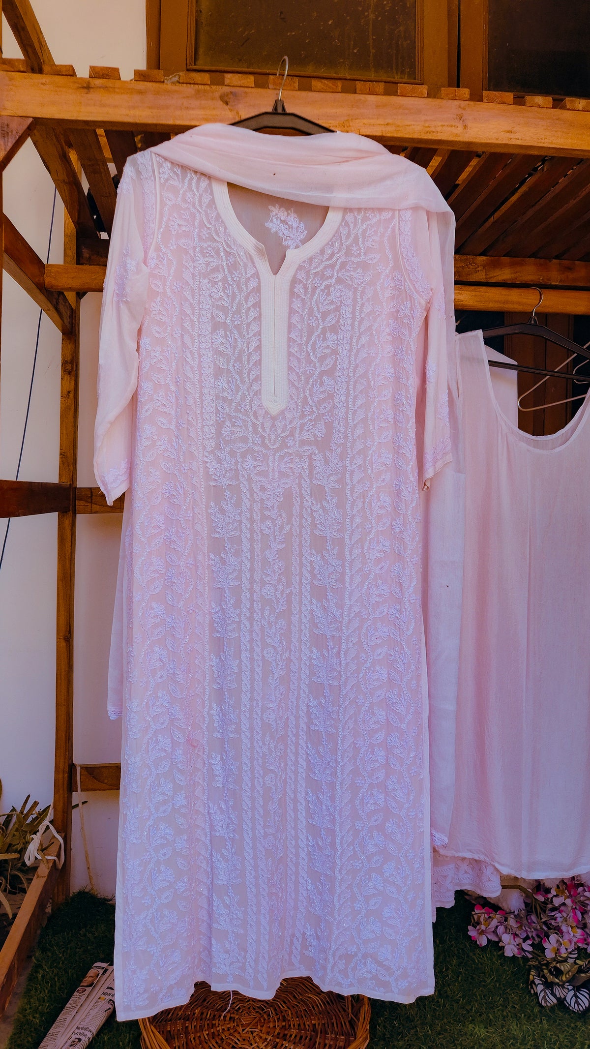 Baby pink Noori full Jaal pearl Cutdana Chikankari embroidered long kurta by LVW Fashions, handcrafted in Lucknow with luxurious details.