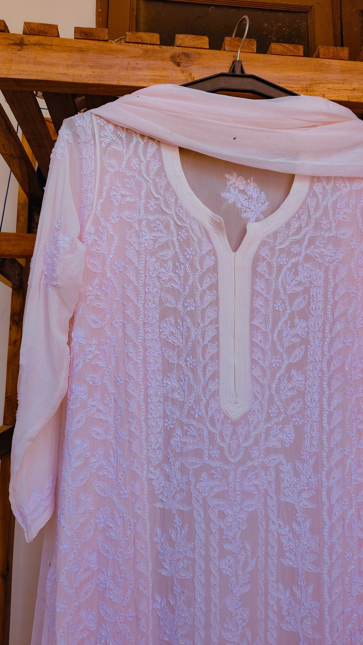 Baby pink Noori full Jaal pearl and Cutdana Chikankari kurta by LVW Fashions, featuring intricate handcrafted embroidery and luxurious design.