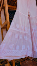 Baby pink Noori full Jaal pearl Cutdana Chikankari embroidered long kurta by LVW Fashions, handcrafted with intricate Lucknow-style embroidery.