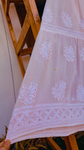 Baby pink Noori full jaal pearl cutdana chikankari embroidery long kurta by LVW Fashions, handcrafted with intricate Lucknow chikankari details.