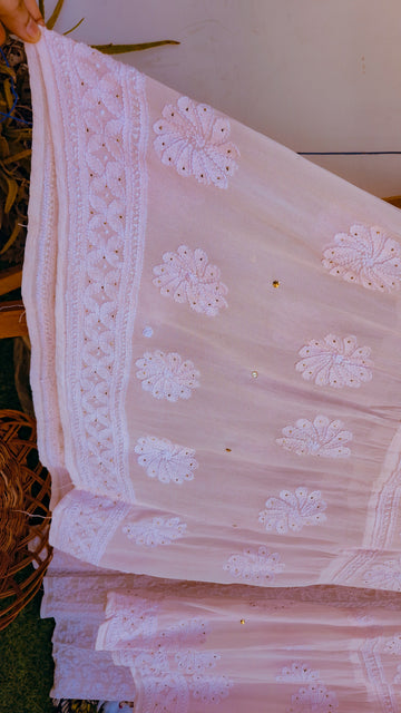 Baby pink Noori full Jaal pearl Cutdana Chikankari embroidery long kurta by LVW Fashions, handcrafted luxurious Lucknow Chikankari.