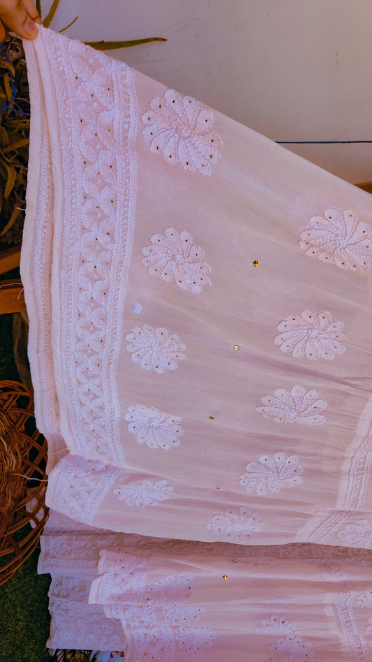 Baby pink Noori full Jaal pearl Cutdana Chikankari embroidery long kurta by LVW Fashions, handcrafted luxurious Lucknow Chikankari.