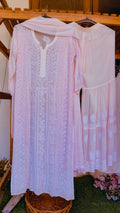 Baby pink Noori full Jaal pearl Cutdana Chikankari embroidery long kurta by LVW Fashions, handcrafted with intricate Lucknow chikankari.