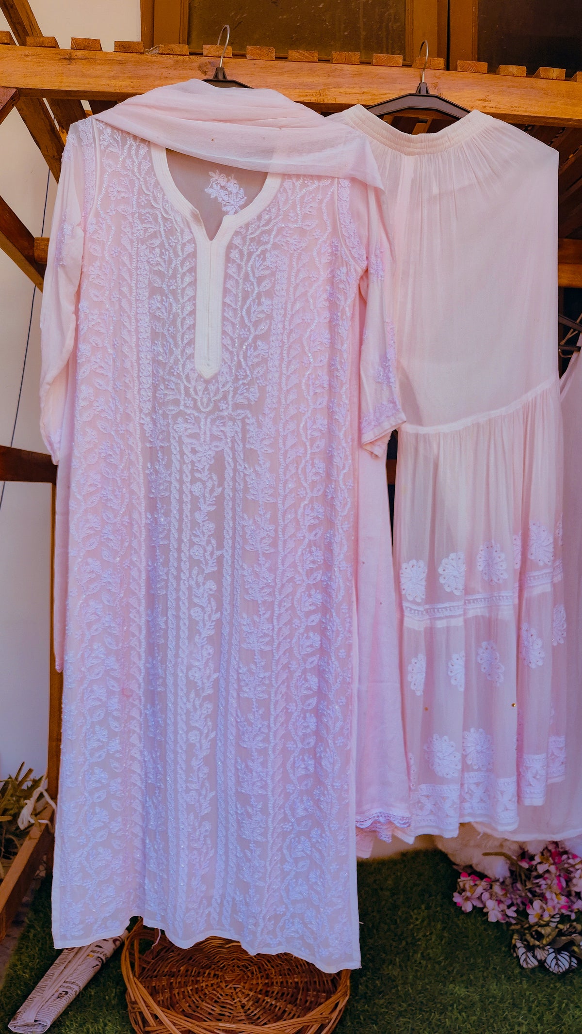 Baby pink Noori full Jaal pearl Cutdana Chikankari embroidery long kurta by LVW Fashions, handcrafted with intricate Lucknow chikankari.