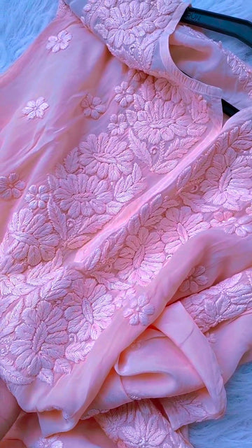 Baby Pink Premium Silk Chikankari Long Kurti (pre booking)