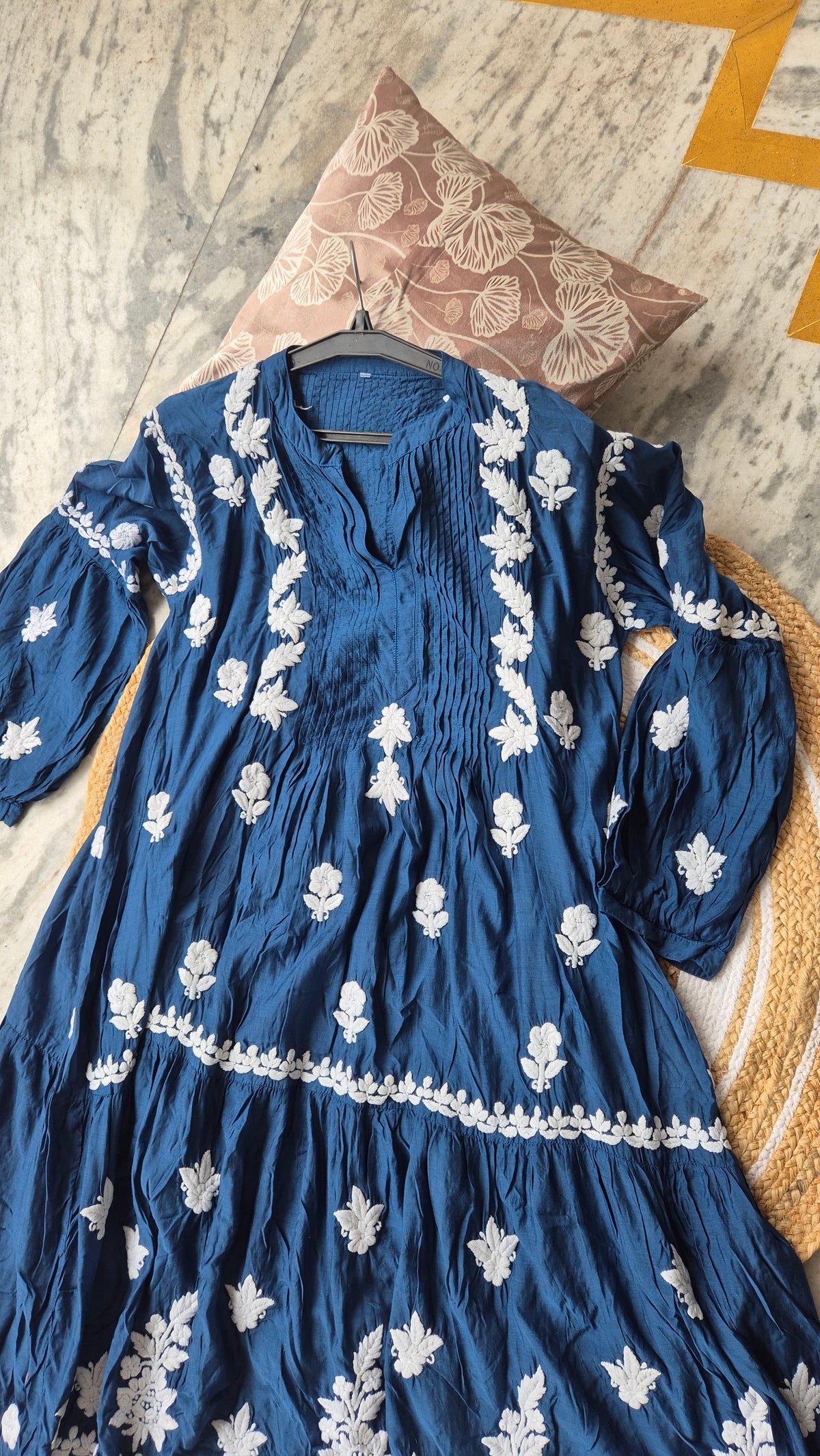 Beautiful blue midi dress by LVW Fashions featuring intricate handcrafted Chikankari embroidery, elegant and luxurious.