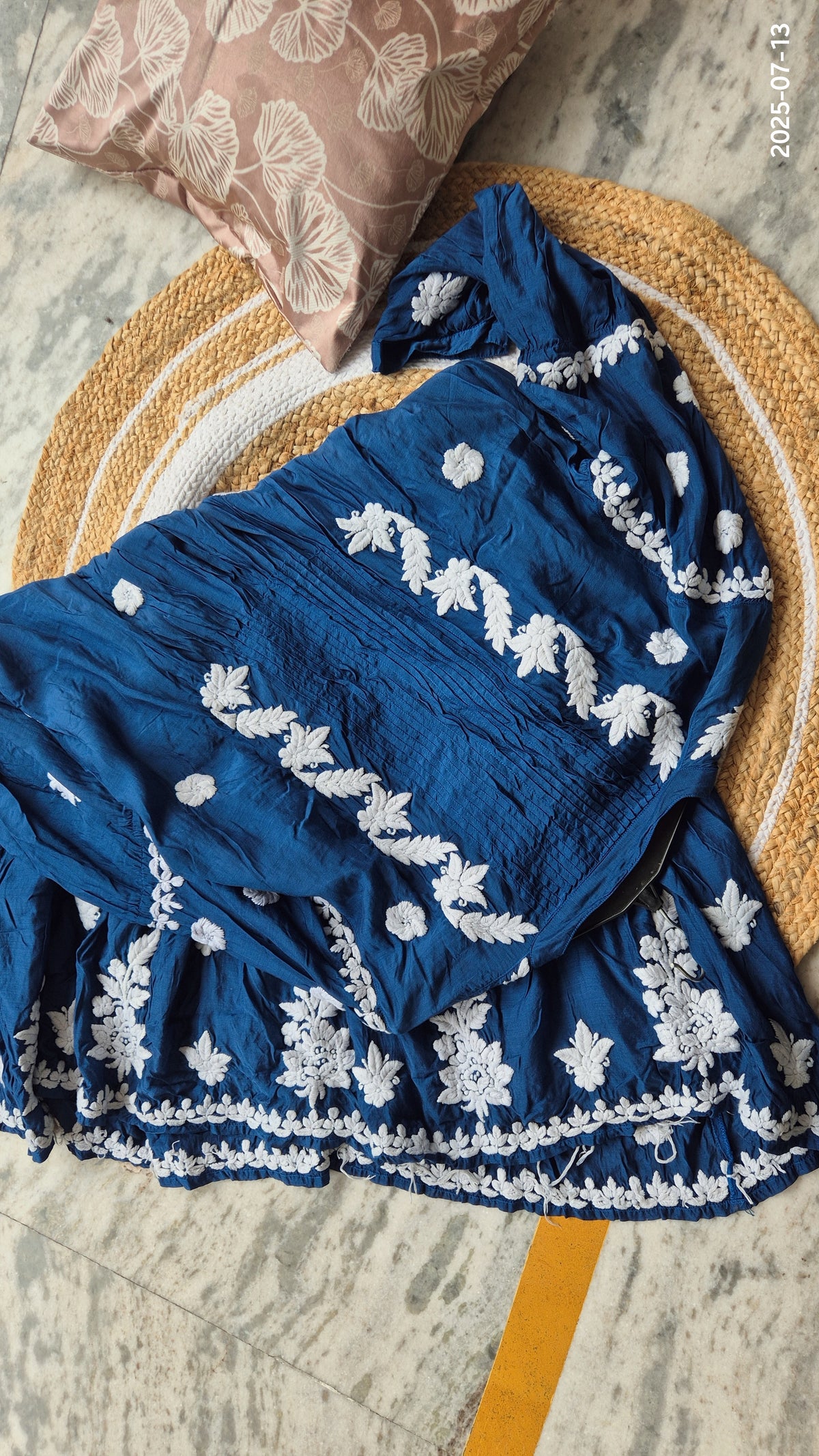 Beautiful blue midi dress by LVW Fashions with handcrafted luxurious Lucknow Chikankari embroidery.
