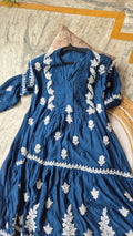 Beautiful blue midi dress by LVW Fashions featuring handcrafted luxurious Lucknow chikankari embroidery.