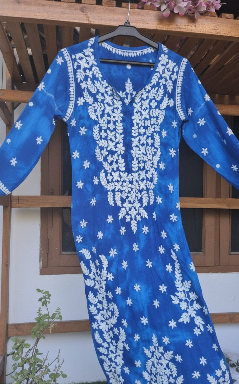 Beautiful blue shade pure mul cotton chikankari kurti for women with kamdani detailing, handmade by LVW Fashions in Lucknow style.