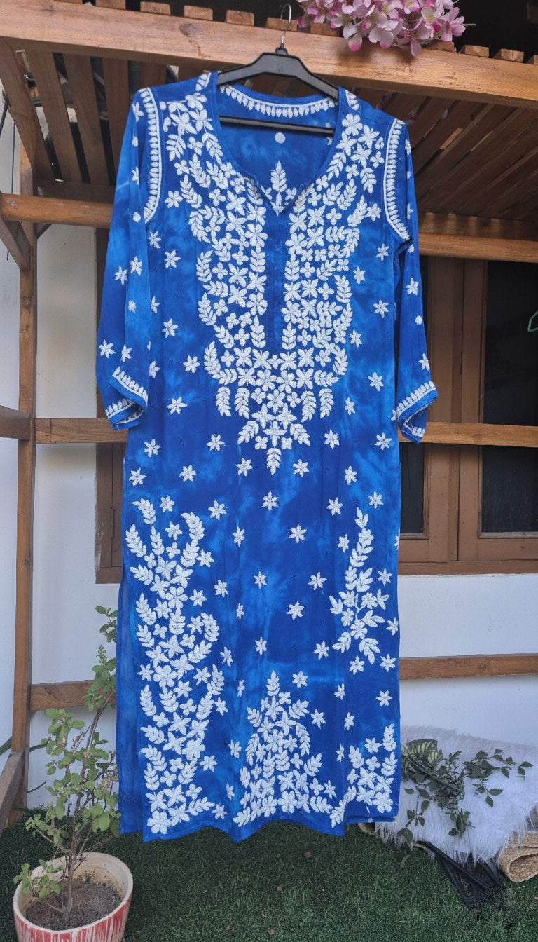 Beautiful blue shade pure mul cotton Chikankari Kurti for women with kamdani, handmade by LVW Fashions in Lucknow Chikankari style.