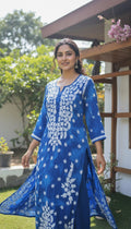 Beautiful blue shade pure mul cotton Chikankari kurti for women with kamdani detailing, handmade by LVW Fashions, Lucknow Chikankari.