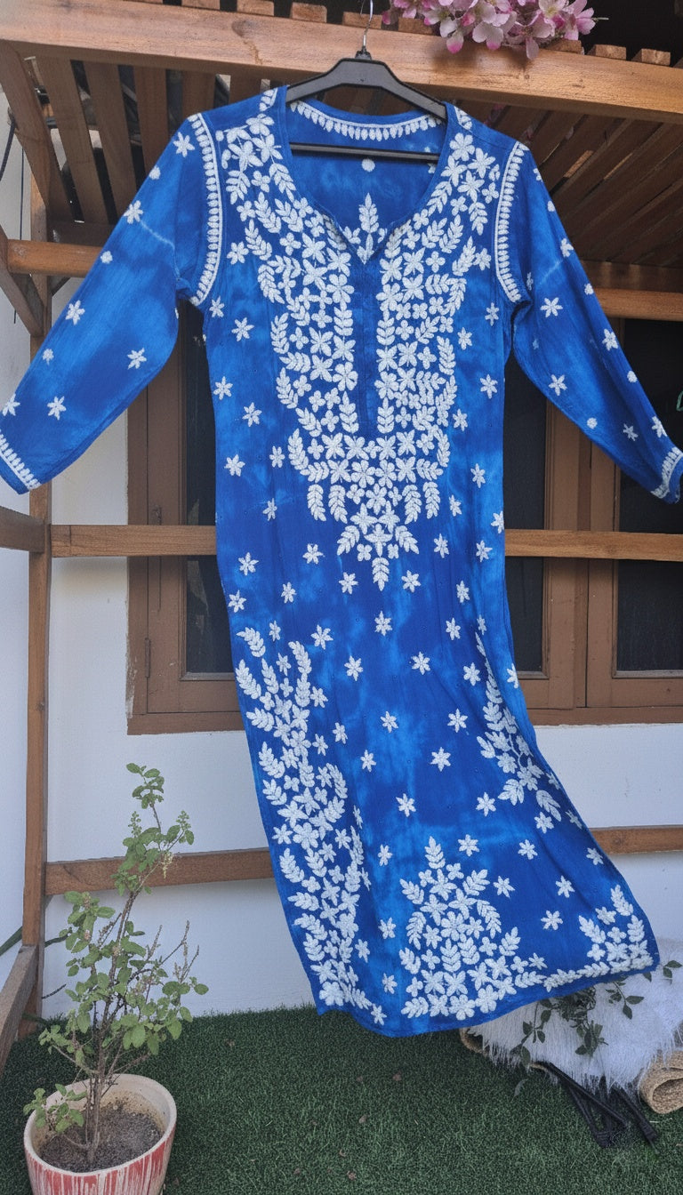 Beautiful blue shade pure mul cotton Chikankari Kurti for women with kamdani detailing, handmade by LVW Fashions in Lucknow style.