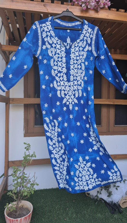 Beautiful blue shade pure mul cotton Chikankari Kurti for women with kamdani detailing, handmade by LVW Fashions in Lucknow style.