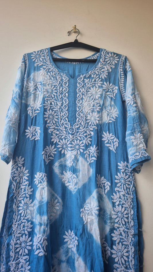 Beautiful blue shade pure mul cotton Chikankari Kurti for women, handmade from Lucknow by LVW Fashions.