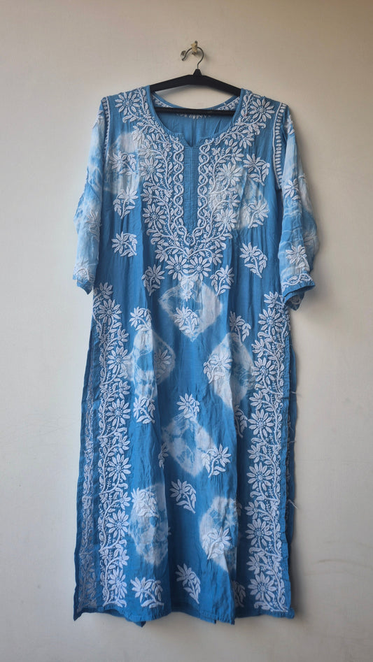 Beautiful blue shade pure mul cotton DO TAAR Chikankari Kurti for women, handcrafted by LVW Fashions in traditional Lucknow style.