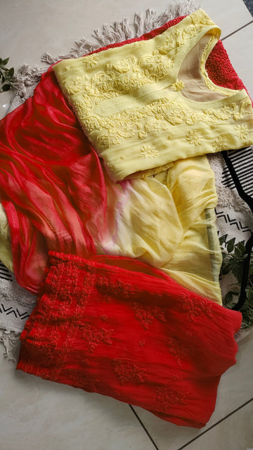 Beautiful combination Premium Georgette luxurious Chikankari Long Kurta Heavy Embroidery with Light weight
