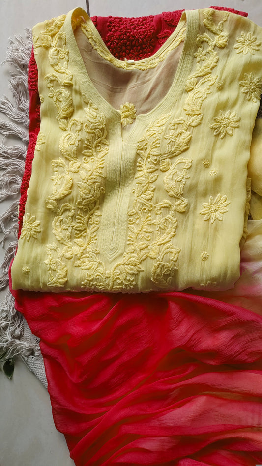 Beautiful combination Premium Georgette luxurious Chikankari Long Kurta Heavy Embroidery with Light weight