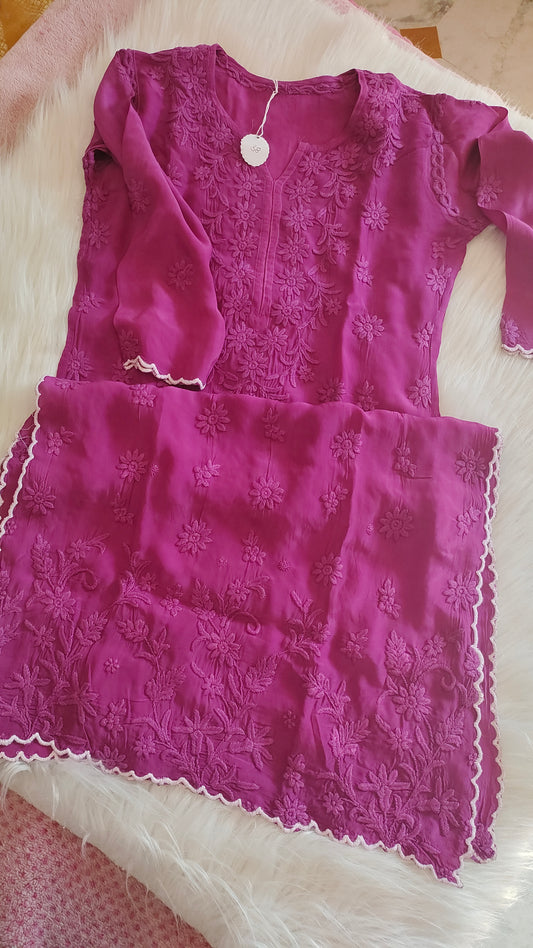 Beautiful handcrafted LVW Fashions long cotton silk Chikankari kurta with intricate cutwork and soft, elegant fabric, traditional Lucknow style.