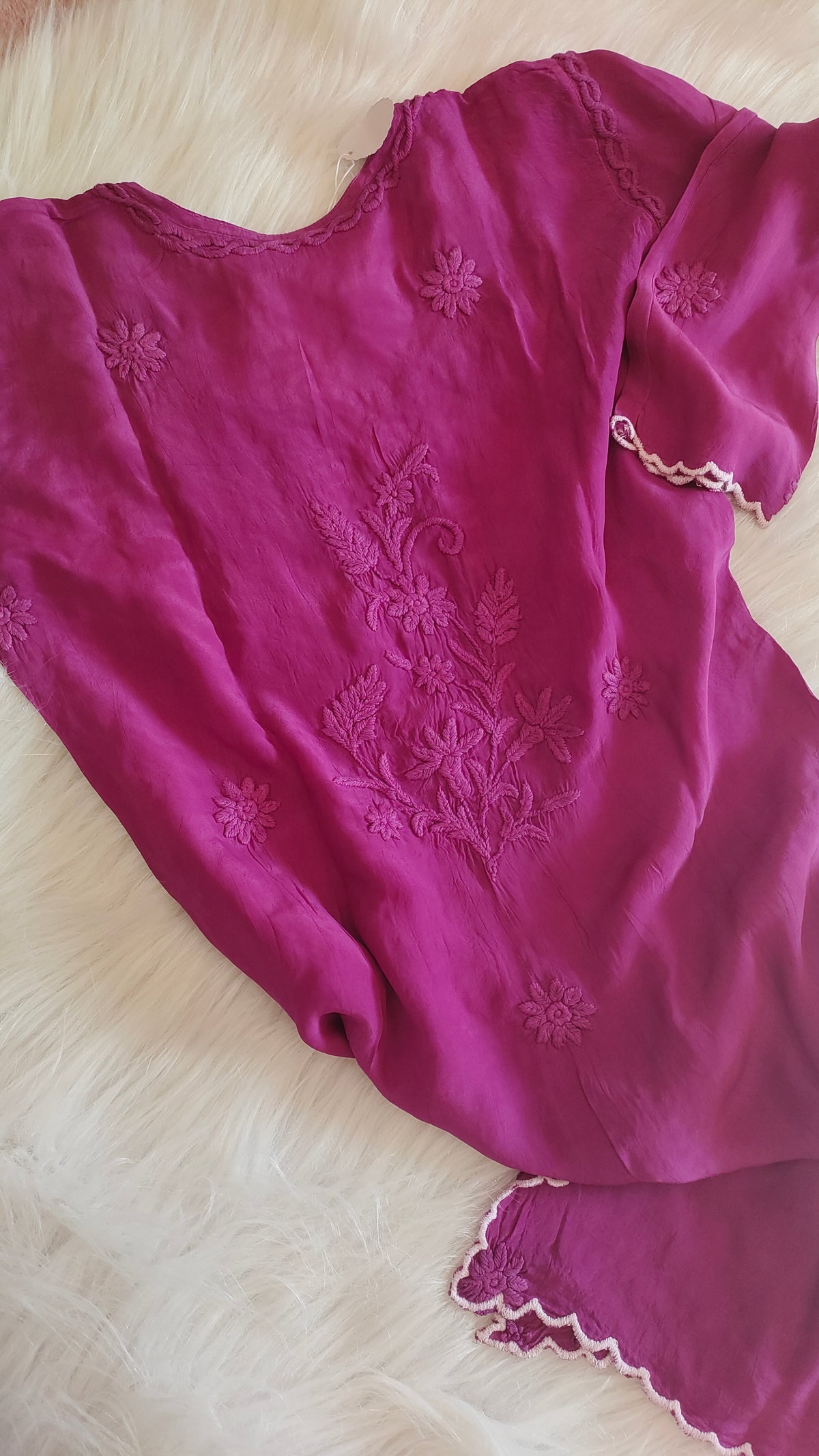 Beautiful handcrafted soft cotton silk Chikankari long kurta with intricate cutwork embroidery, traditional Lucknow-style design.