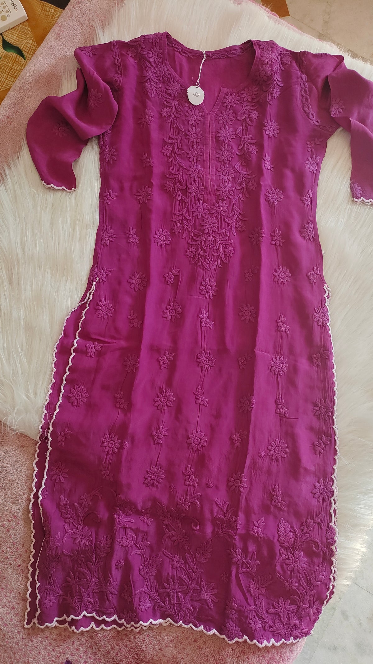 Beautiful handcrafted LVW Fashions long cotton silk Chikankari kurta with intricate cutwork and traditional Lucknow embroidery.