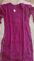 Beautiful handcrafted cotton silk chikankari long kurta with intricate cutwork, featuring traditional Lucknow hand embroidery by LVW Fashions.