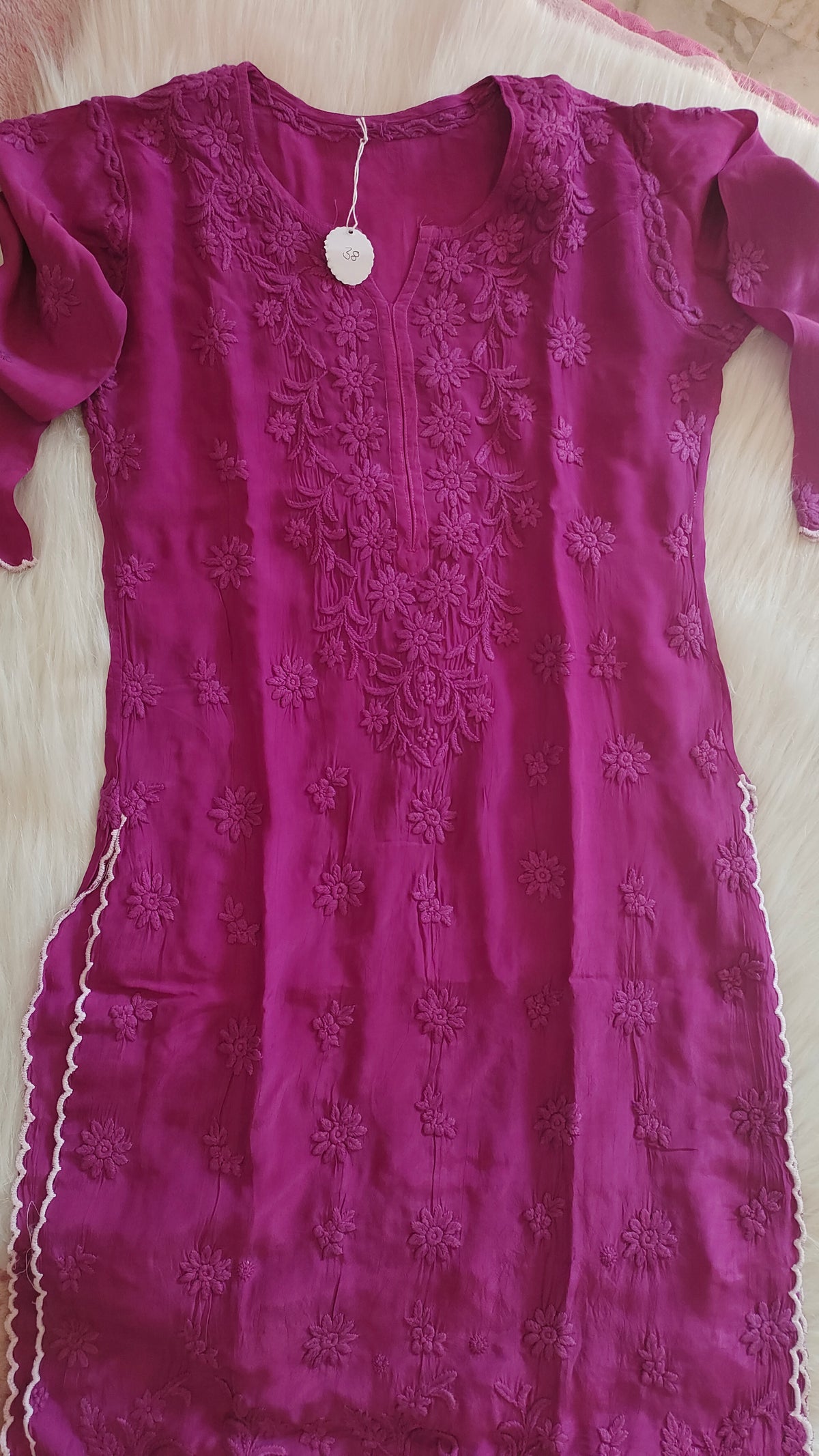 Beautiful handcrafted cotton silk chikankari long kurta with intricate cutwork, featuring traditional Lucknow hand embroidery by LVW Fashions.