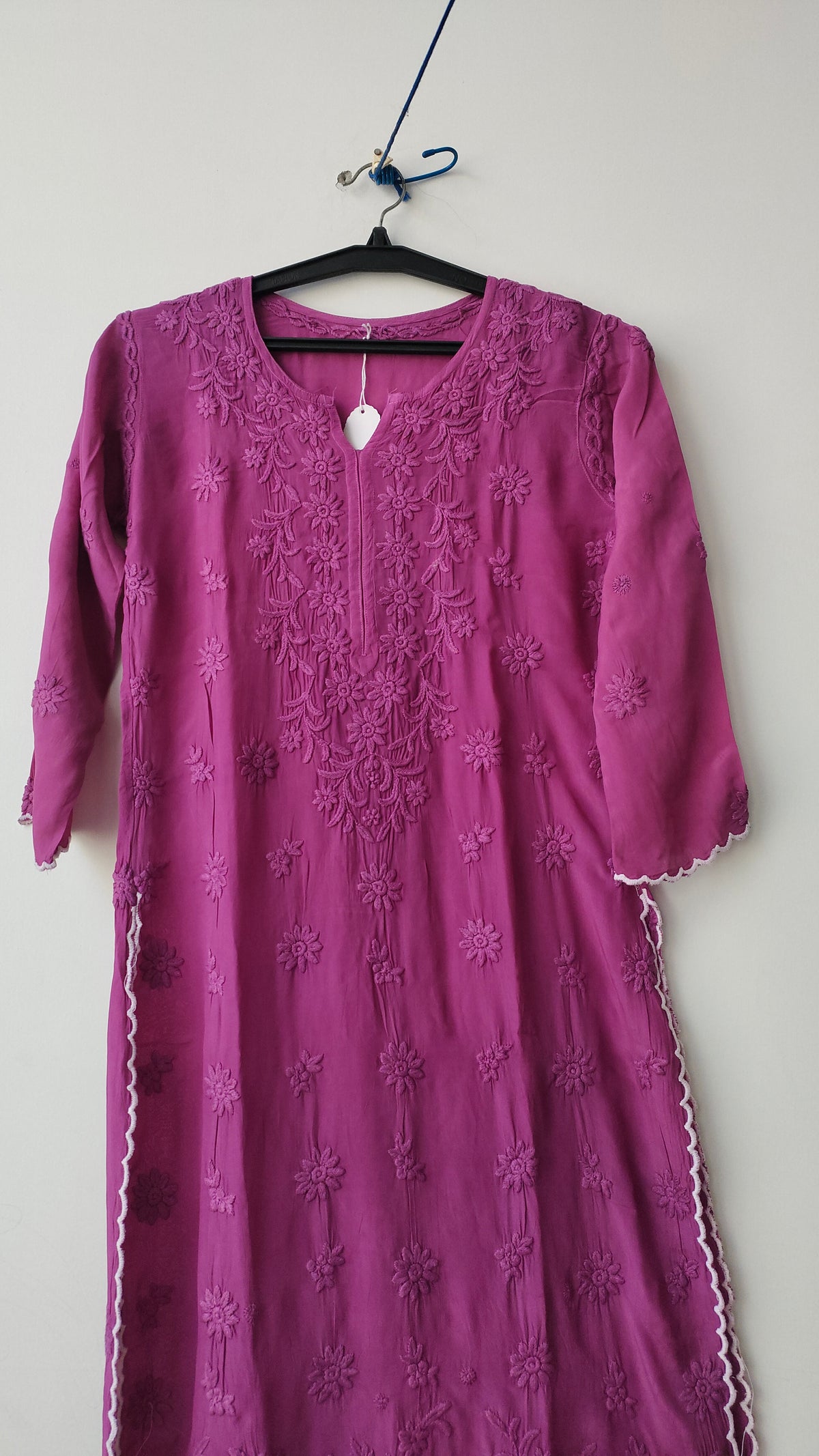 Beautiful handcrafted soft cotton silk Chikankari long kurta with intricate cutwork detailing from LVW Fashions.