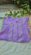 Beautiful lavender Noori premium georgette Chikankari kurta with intricate Cutdana embroidery, handcrafted by LVW Fashions.