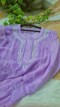 Beautiful lavender Noori premium georgette Chikankari kurta with intricate Cutdana embroidery, handmade in Lucknow by LVW Fashions.