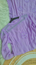 Beautiful lavender Noori premium georgette Chikankari kurta by LVW Fashions with intricate Cutdana embroidery, handmade Lucknow Chikankari.