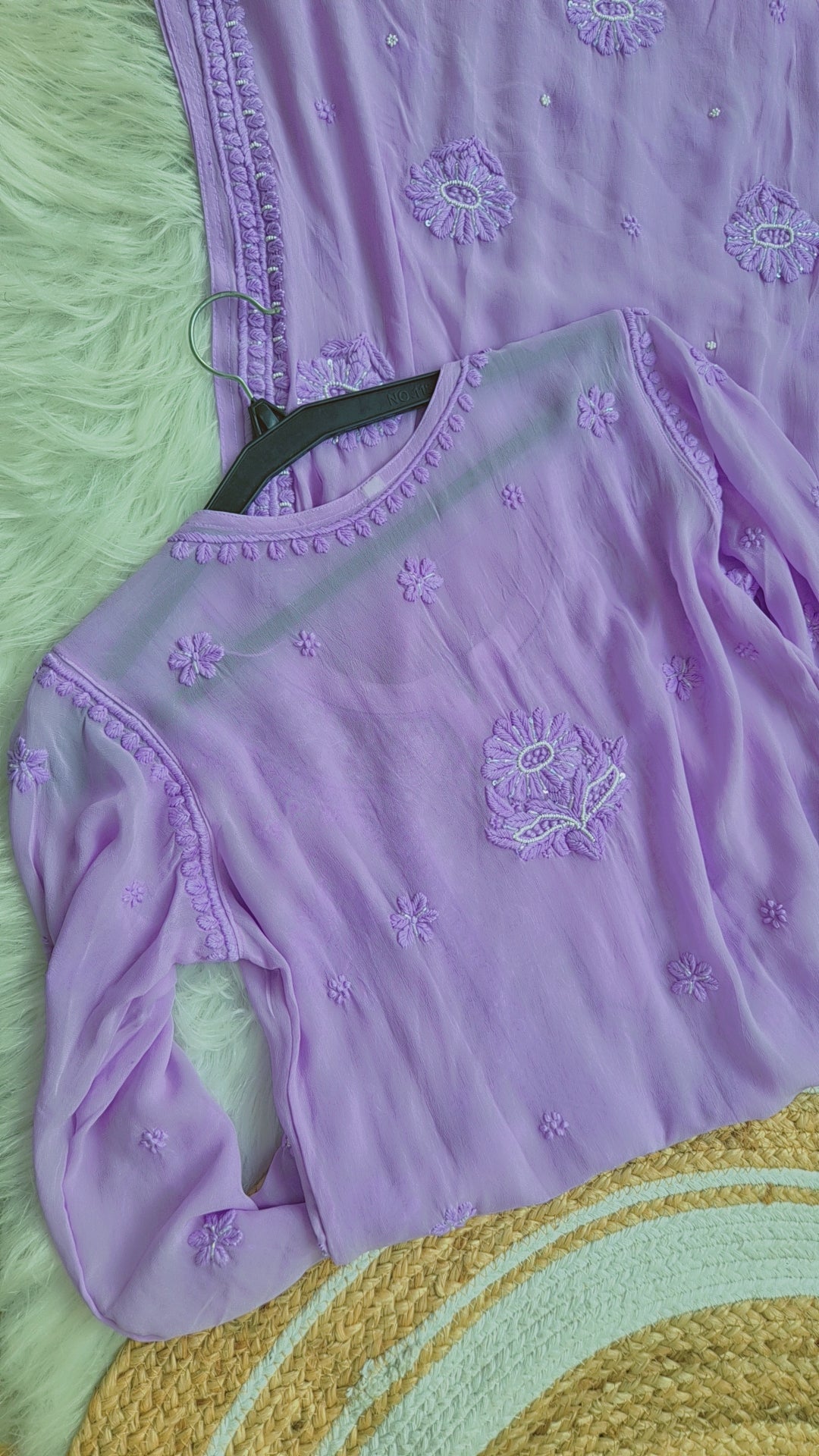 Beautiful lavender Noori premium georgette Chikankari kurta by LVW Fashions with intricate Cutdana embroidery, handmade Lucknow Chikankari.
