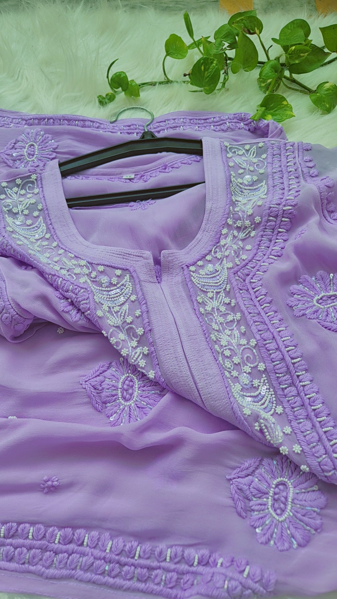 Beautiful lavender Noori premium georgette Chikankari Kurta with intricate Cutdana embroidery, handmade Lucknow Chikankari by LVW Fashions.