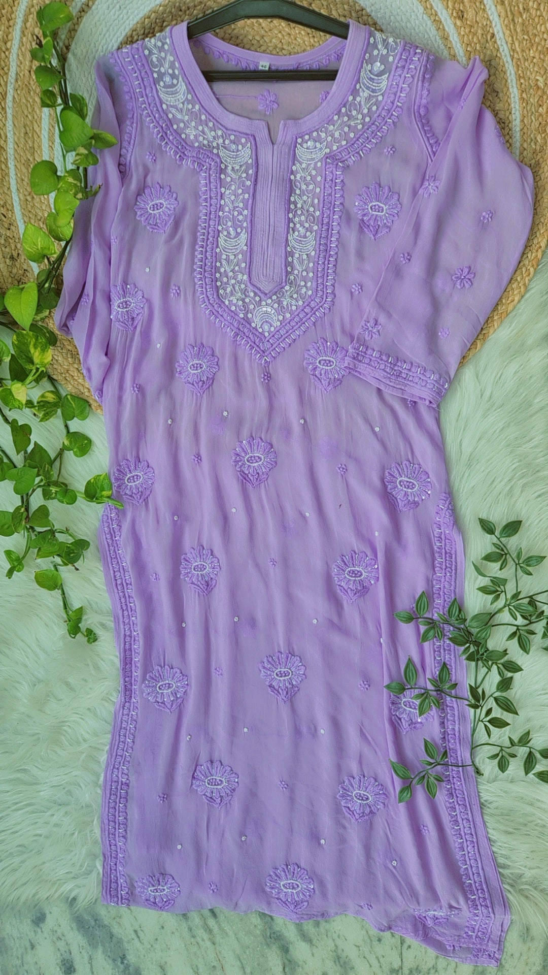Beautiful lavender Noori premium georgette Chikankari kurta with intricate Cutdana embroidery, handmade Lucknow Chikankari by LVW Fashions