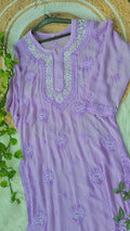 Beautiful lavender Noori premium georgette Chikankari kurta with intricate Cutdana embroidery, handmade in Lucknow by LVW Fashions.