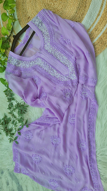 Beautiful lavender Noori premium georgette Chikankari kurta with intricate cutdana embroidery, handmade Lucknow Chikankari by LVW Fashions.