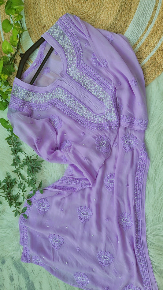 Beautiful lavender Noori premium georgette Chikankari kurta with intricate cutdana embroidery, handmade Lucknow Chikankari by LVW Fashions.