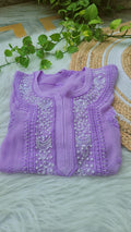 Beautiful lavender Noori premium georgette Chikankari kurta with intricate Cutdana embroidery, handmade in Lucknow by LVW Fashions.