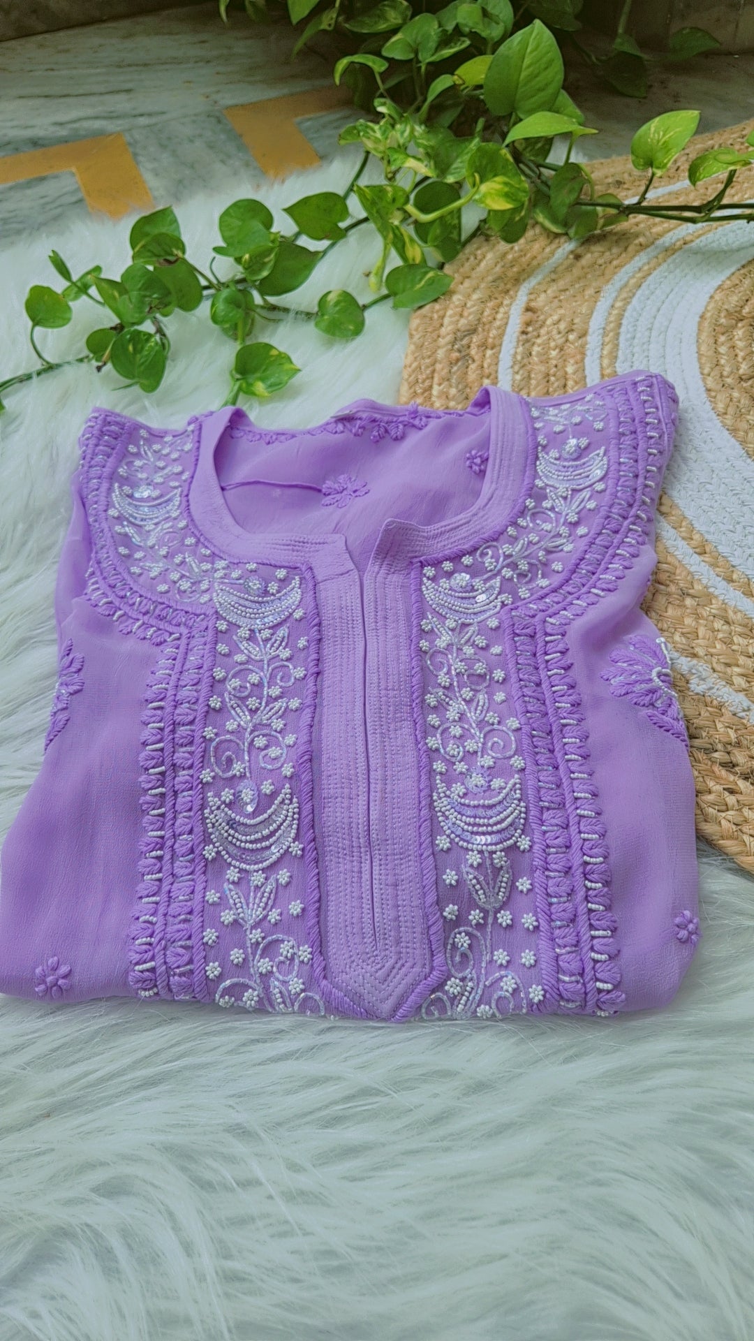 Beautiful lavender Noori premium georgette Chikankari kurta with intricate Cutdana embroidery, handmade in Lucknow by LVW Fashions.