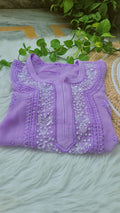 Beautiful lavender Noori premium georgette Chikankari kurta with intricate Cutdana embroidery from LVW Fashions, handmade in Lucknow.