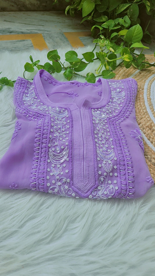 Beautiful lavender Noori premium georgette Chikankari kurta with intricate Cutdana embroidery from LVW Fashions, handmade in Lucknow.
